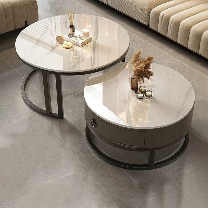 Beige Double Nesting Orbicular Side Table with Structure Base Suitable for Home