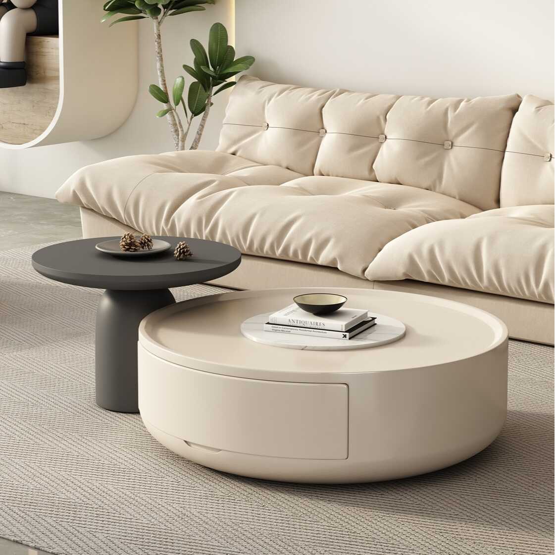 Modern Chalk Rounded Sintered Stone Nesting Tray Top Coffee Table with Drum Base and 1 Drawer