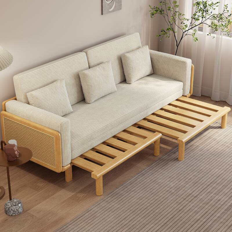 Simple Full Size Day Bed Futon with Cushion Back, Pillow, Detachable Mattress and Rattan Square Arm for Seats 3