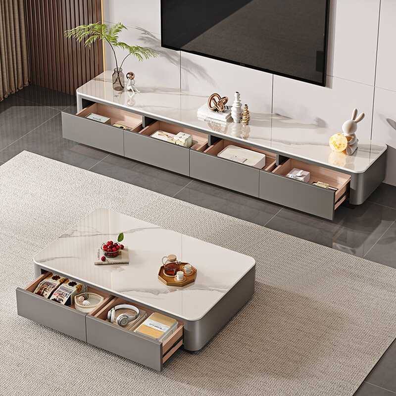 Modern White/Gray Sintered Stone Square Single Side Table with Block Base and 4 Drawers