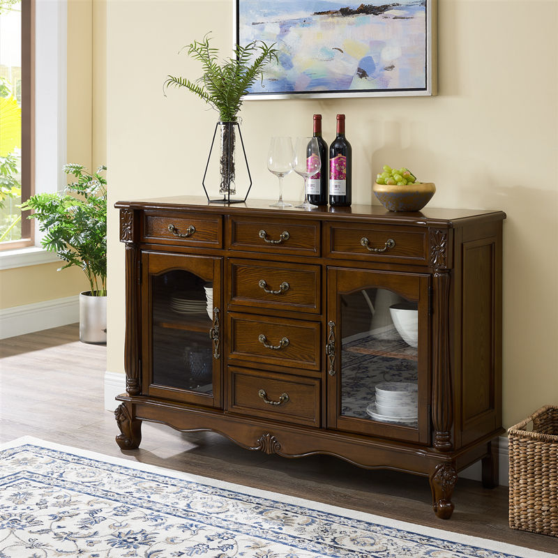 Standard Sideboard with 6 Drawers, Two Internal Shelves, Compartment Storage, Reclaimed Wood Countertop, and Glass-panel Door