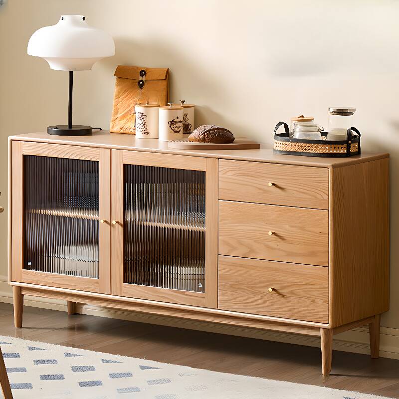 Casual Kitchen Storage with 3 Drawers, Standard Size, 1 Shelf, Pantry Hutch, Natural Wood Countertop, and Glass-panel Door