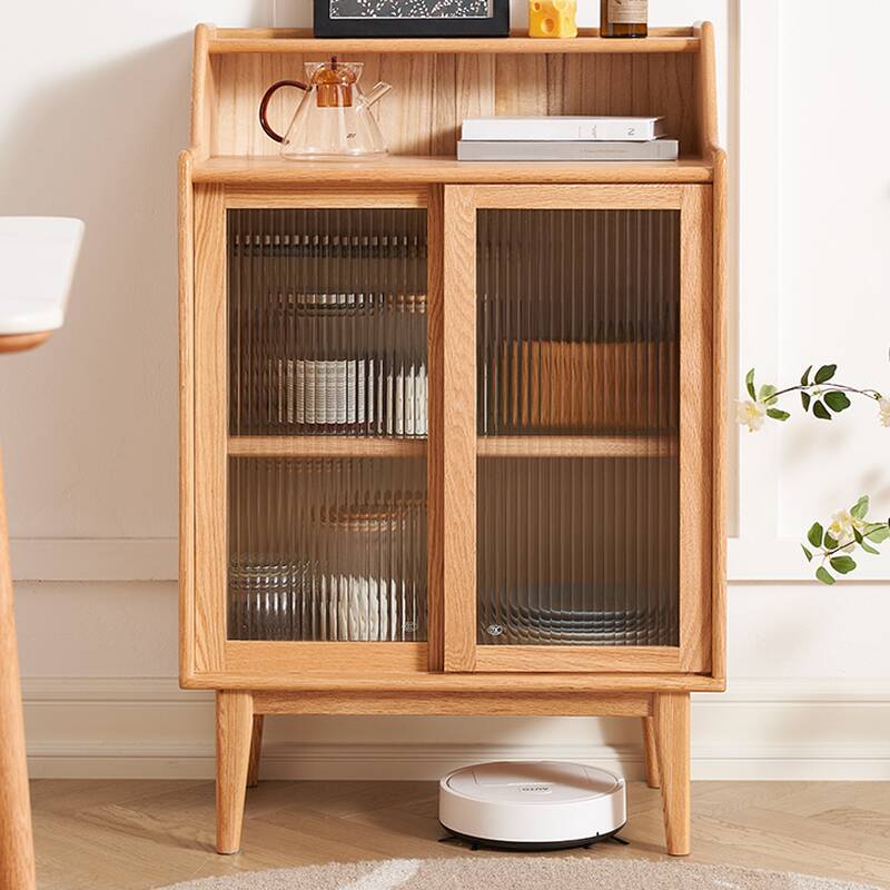 Trendy Timber Narrow Microwave Shelf Cabinet in Wood Grain with Cabinets, Glazed Door and Changeable Shelf