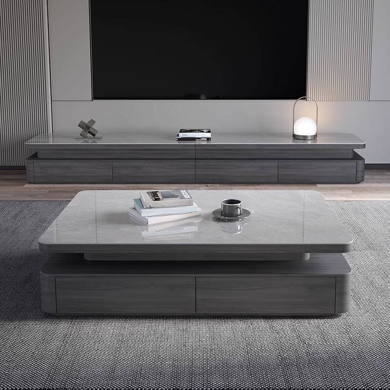 Sleek Parallelogram Gray Sintered Stone Coffee Table with Scratch-defiant Block Base, 4 Drawers & 1 Shelf