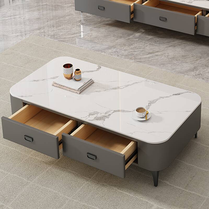 Modern Simple Style Single White Rectangular Rock Top Board Game Coffee Table with 4 Legs, 2 Drawers