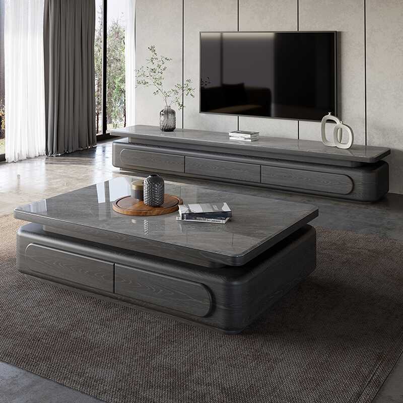 Single Sintered Stone Block Base Gray Scratch-defiant Parallelogram Coffee Table with 4 Drawers