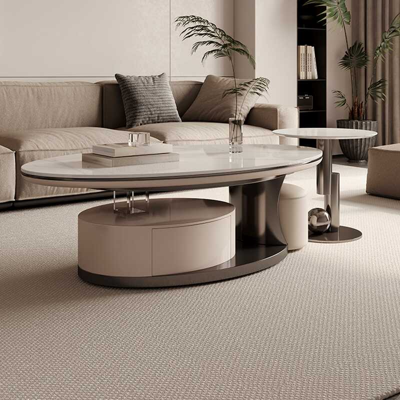 Modern Simple Style Elliptical Rock Board Game Coffee Table with Abstract Base, 1 Drawer, and Stools