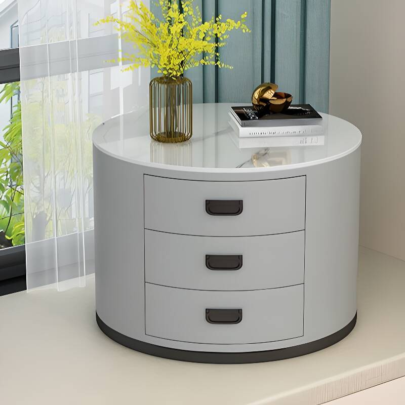 Modern Single Sintered Stone Drum Accent Table with Gray/Chalk Rounded Top and 3 Drawers