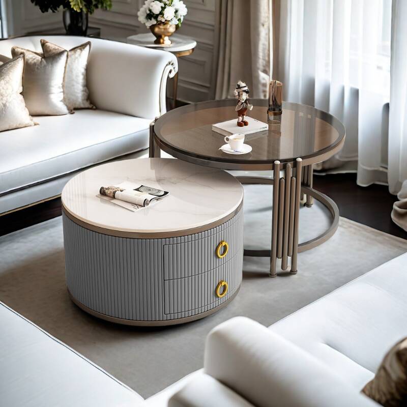 Nesting Circular Coffee Table Set with Structural Base and 2 Drawers