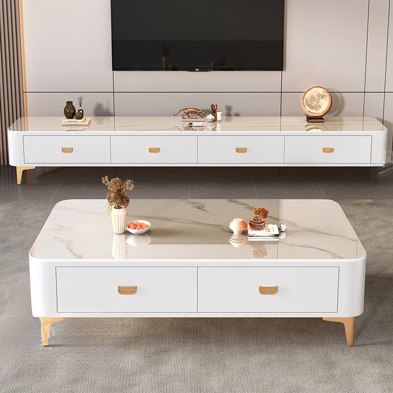 Single Gray/White Stone Rectangular Coffee Table with Scratch-defiant 4 Legs & 2 Drawers