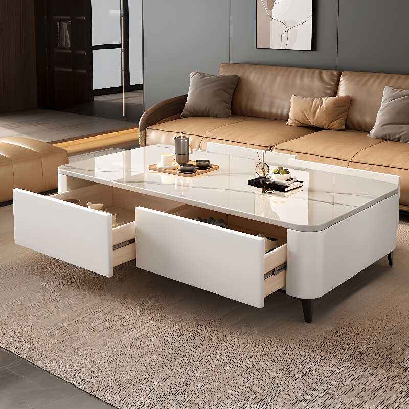 Single Organic Modern Style Parallelogram Sintered Stone Accent Table with 4 Drawers & Four Legs