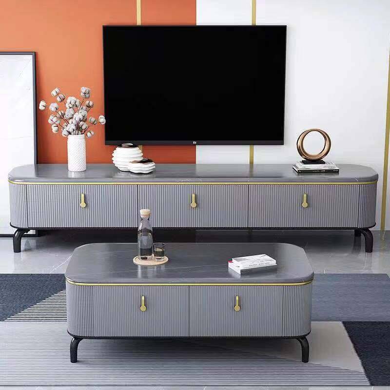 Modern Simple Style Single Rock Top Accent Table with 4 Legs, Gray/White Geometric Figure, 2 Drawers