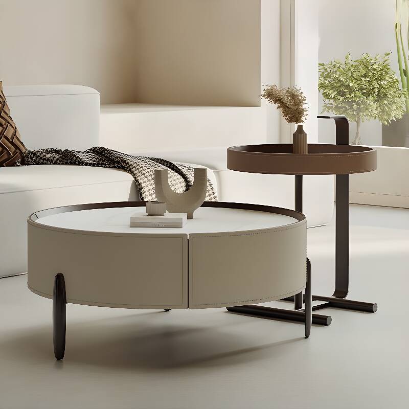 Modish Circular Stone Single Tray Coffee Table with Three Legs, Chalk Top, and 2 Drawers