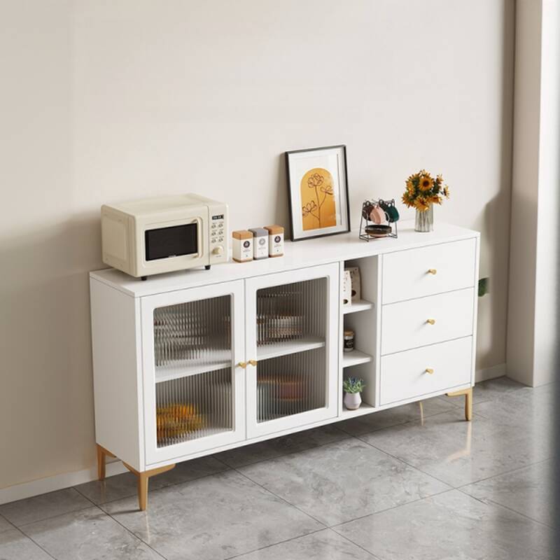 Art Deco Chalk Standard/Narrow Timber Sideboard with 3 Drawers and Glass Doors