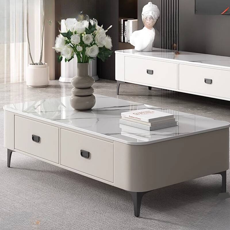 Modish White Stone Oblong Single Coffee Table with 4 Legs and 2 Drawers