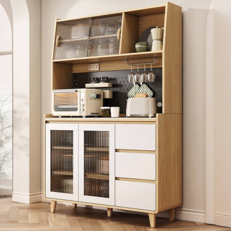 Tan Sideboard with 3 Drawers, Standard Size, Sintered Stone Countertop, Sliding Doors, Alterable Shelf, and Stemware Shelf