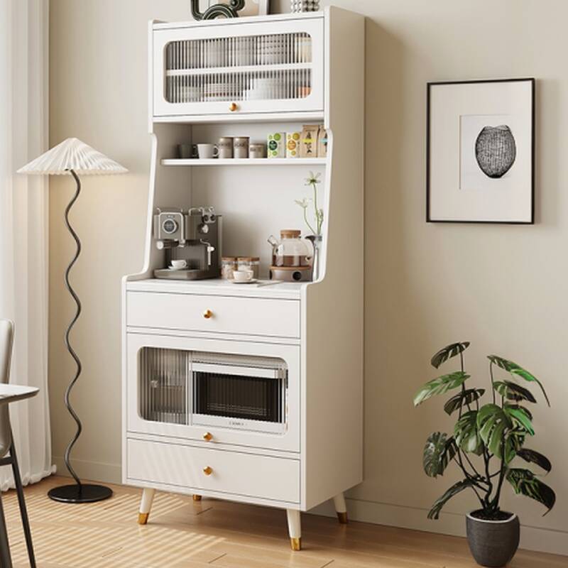 Simple Narrow Microwave Shelf Cabinet with 2 Drawers, Sintered Stone Countertop, Glazed Door, and Adjustable Shelving