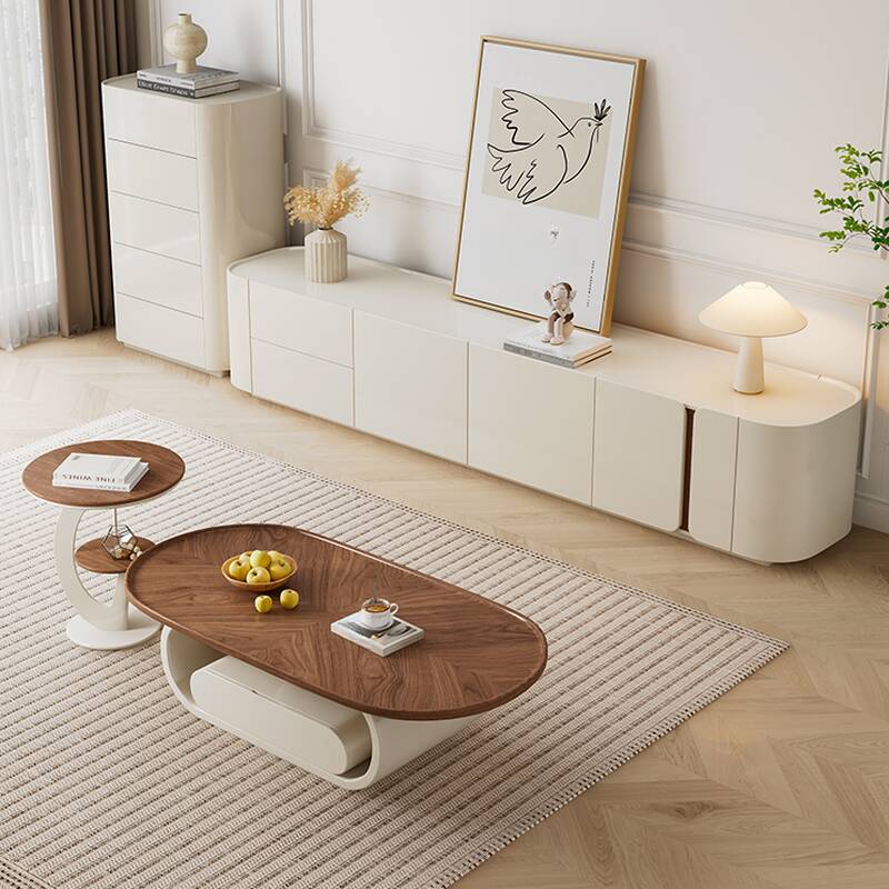 White Stone and Natural Wood Rectangular TV Stand with Shelf, 3 Drawers, 2 Cabinets, and Cable Management