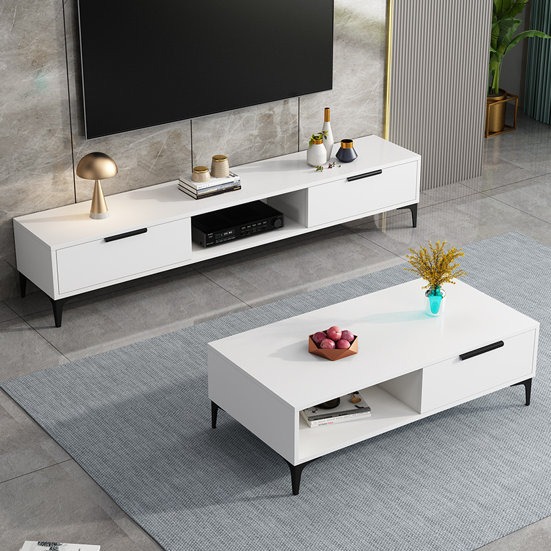 Modern Simple Style Wood Veneer TV Stand with Shelf, 2 Drawers, and Unsheltered Cable Management