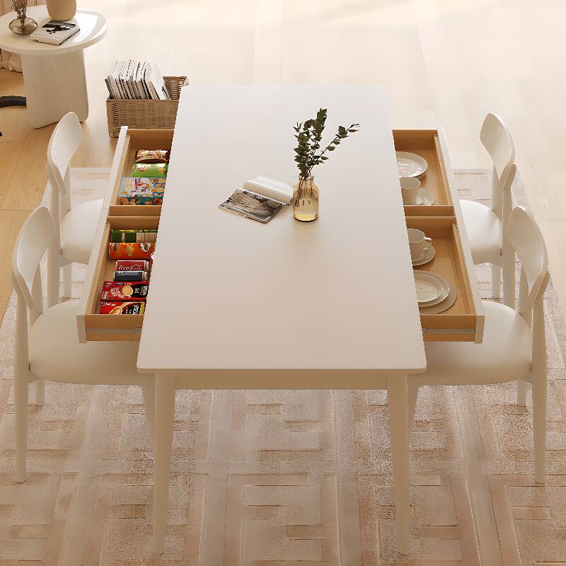 Shaker Style Beige Slate Rectangle Dining Table Set with Four Legs, Fixed Mechanism, and Storage Receptacle