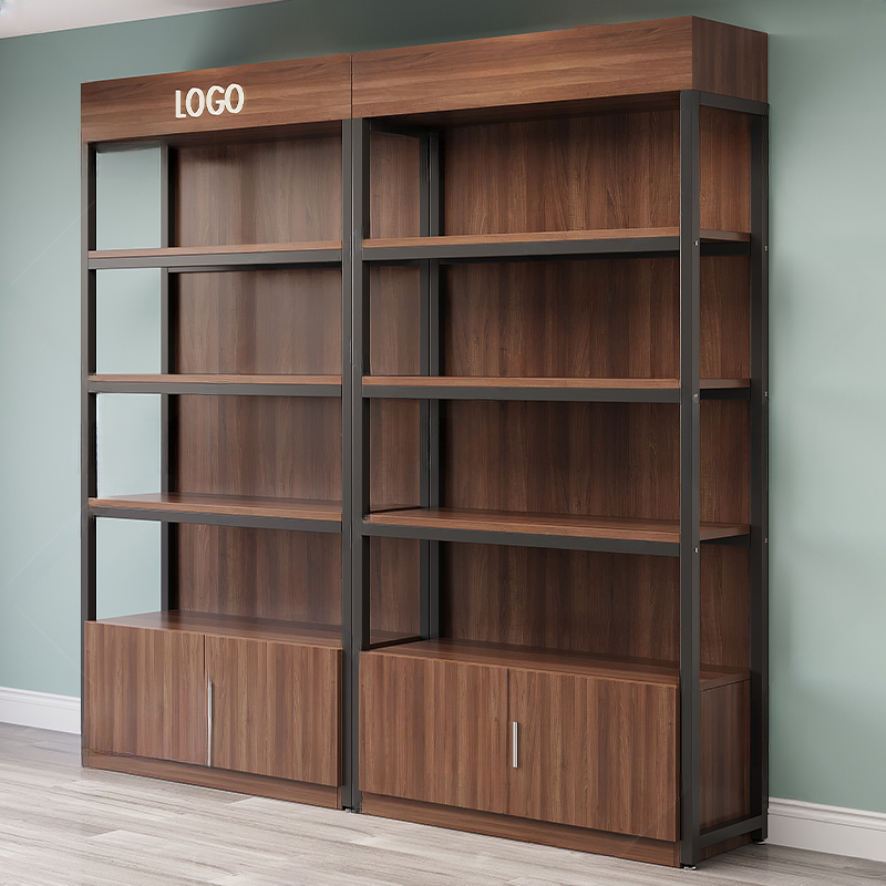 Modern Taupe Slab Display Stand with Receptacle Storage and Uncovered Storage