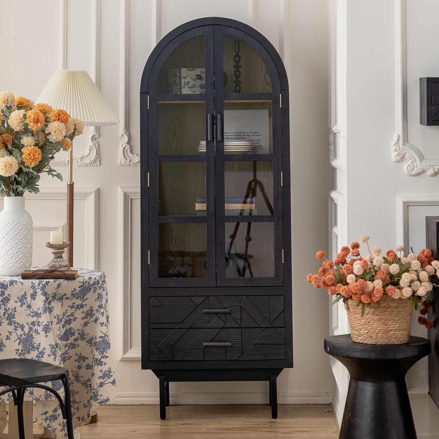 Contemporary Sideboard with Antiqued Wood Distressing, 2 Drawers, Narrow Size, Compartment Storage, Timber Countertop, and Door