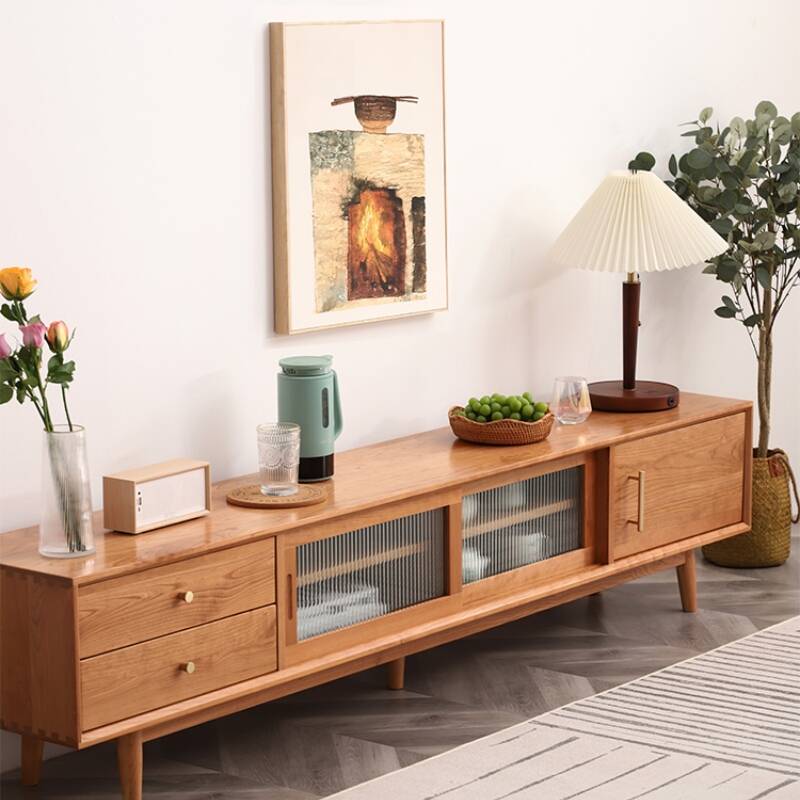 Cocoa Modern Simple Style Natural Wood TV Stand with Shelf, 2 Drawers, 2 Cabinets, and Cable Management