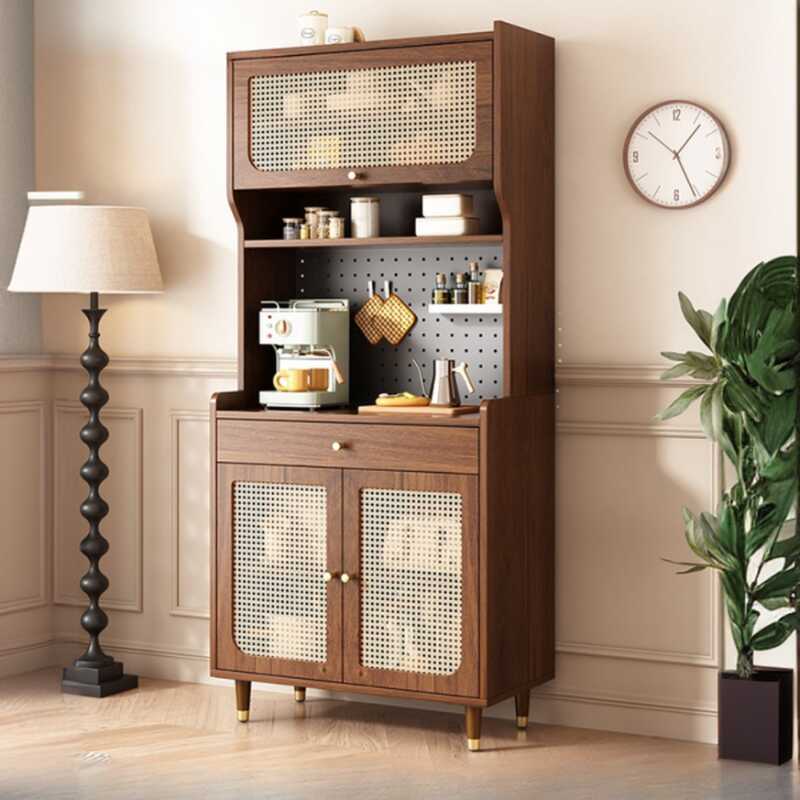 Art Deco Narrow Sideboard with 2 Drawers, 2 Shelves, Wood Countertop, and Glazed Door Pantry Hutch