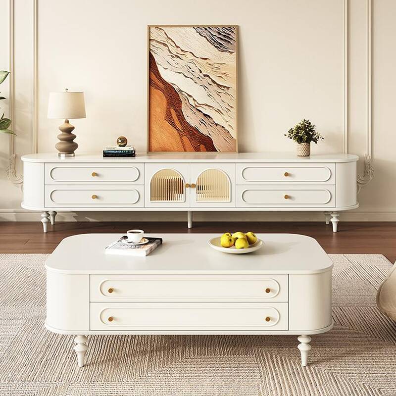 Sleek White Simplistic Timber TV Stand with 4 Drawers, Closet, and Cable Management