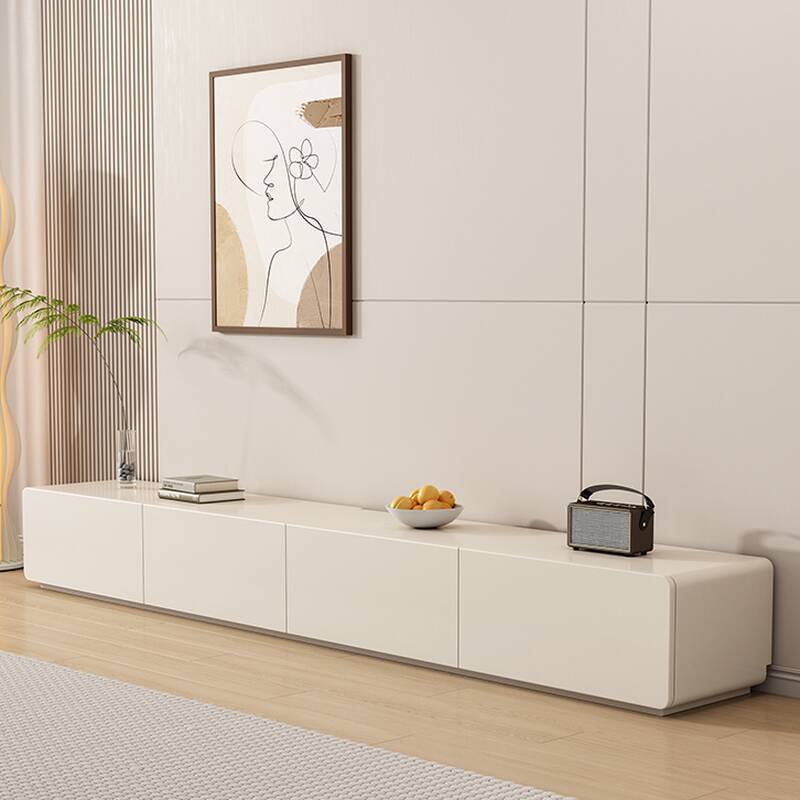 Elegant White Simplistic Natural Wood TV Stand with 2 Drawers, 2 Cabinets, and Cable Management