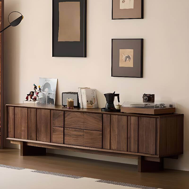 Rustic Brown Trendy Natural Wood TV Stand with Shelf, 2 Drawers, and 2 Cabinets