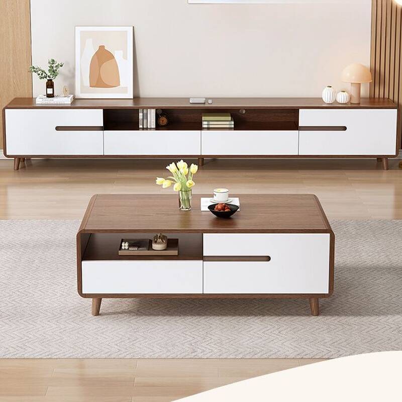 Modern Simple Style Wood TV Stand with Shelf, 2 Drawers, 2 Cabinets, Cable Management, and Unsheltered Storage