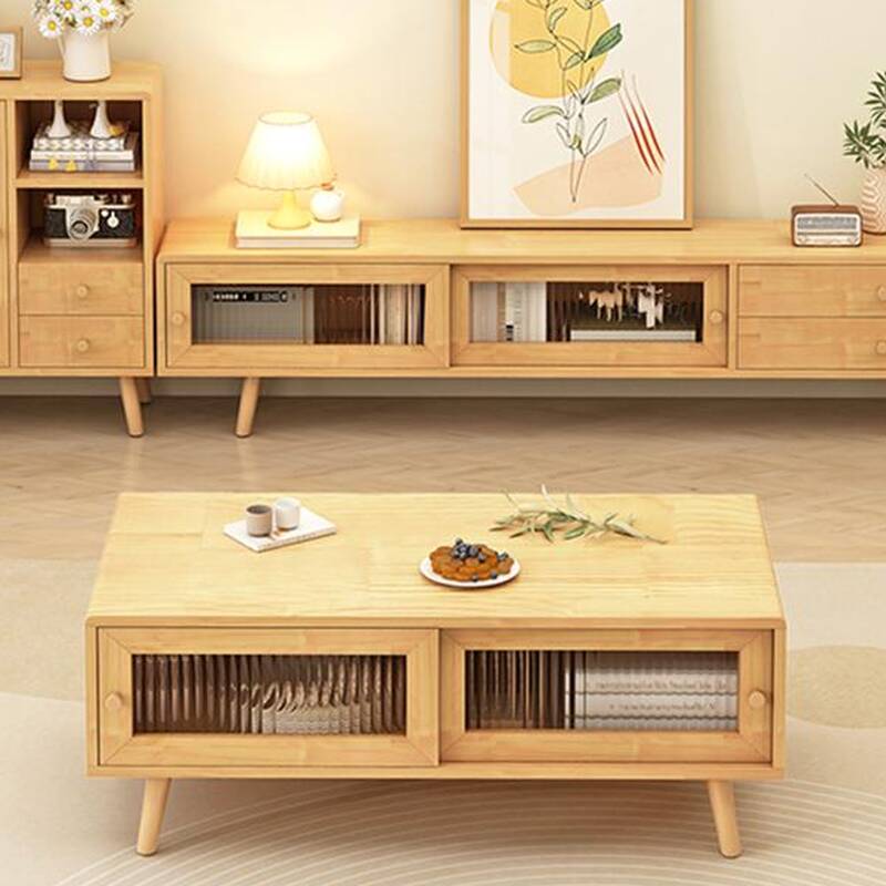 Unfinished Colour Minimalist Natural Wood TV Stand with 2 Drawers and 2 Cabinets