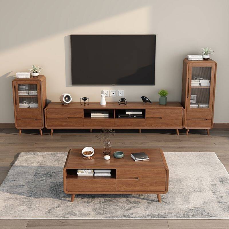 Cocoa Rectangular Timber TV Stand with 2 Cabinets, 2 Drawers, Cable Management and Visible Storage