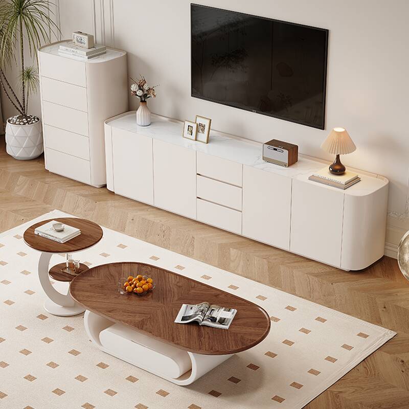 Sleek White Minimalist Timber TV Stand with Rectangular Shape, 6-8 Drawers, and Cable Management