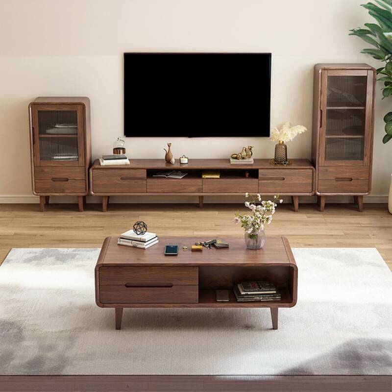 Sepia Lumber Rectangle TV Stand with 2 Drawers, 2 Cabinets, Open-air Storage, and Cable Management