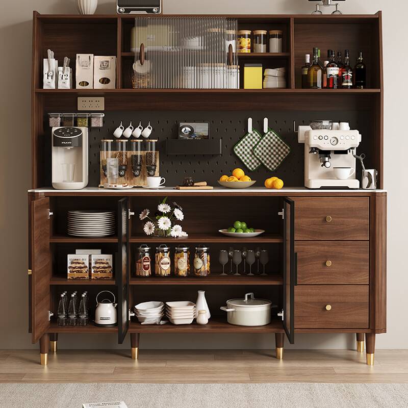 Cocoa Sideboard with 3 Drawers, Cupboard, Standard Size, 1 Shelf, Wood Countertop, and Glass-panel Door