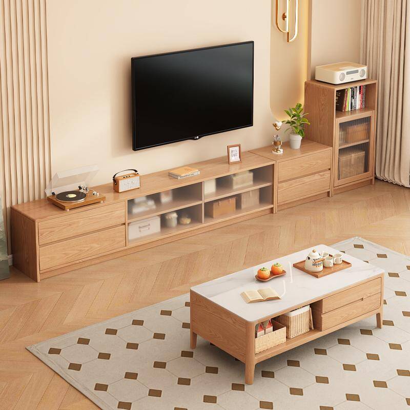 Unfinished Natural Wood Rectangular TV Stand with Shelf, 2 Drawers, 2 Cabinets, and Cable Management