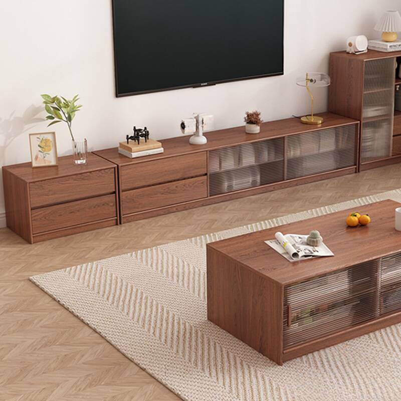 Modern Design Lumber Rectangle TV Stand with Shelf, 2 Drawers, 2 Cabinets, and Cable Management