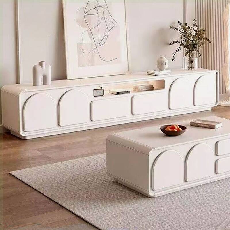 2-Cabinet Rectangular White Timber TV Stand with Self Close Drawer, Accessible Storage & Cable Management