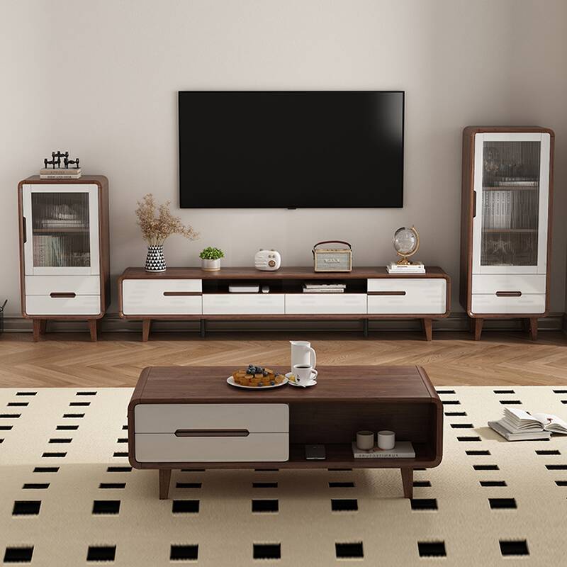 Sepia Wood Rectangular TV Stand with 2 Drawers, 2 Cabinets, Cable Management and Visible Storage