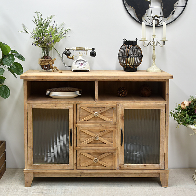 Natural Colour Steampunk Microwave Storage Cabinet with 2/3 Drawers, Cupboard, Wood Countertop, Glass-panel Door, and Adaptable Shelf