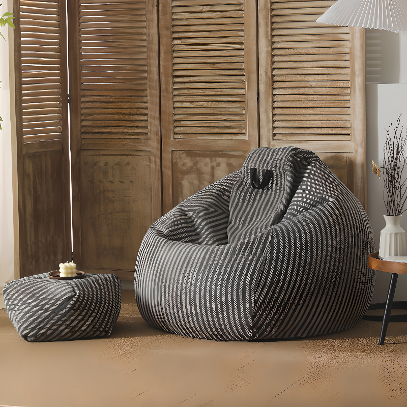 Expanded Polystyrene Beans Pre-Filled Ivory/Cerulean/Crimson Cotton Blend Striped Removable Cover Beanbag Chair for Seats 1