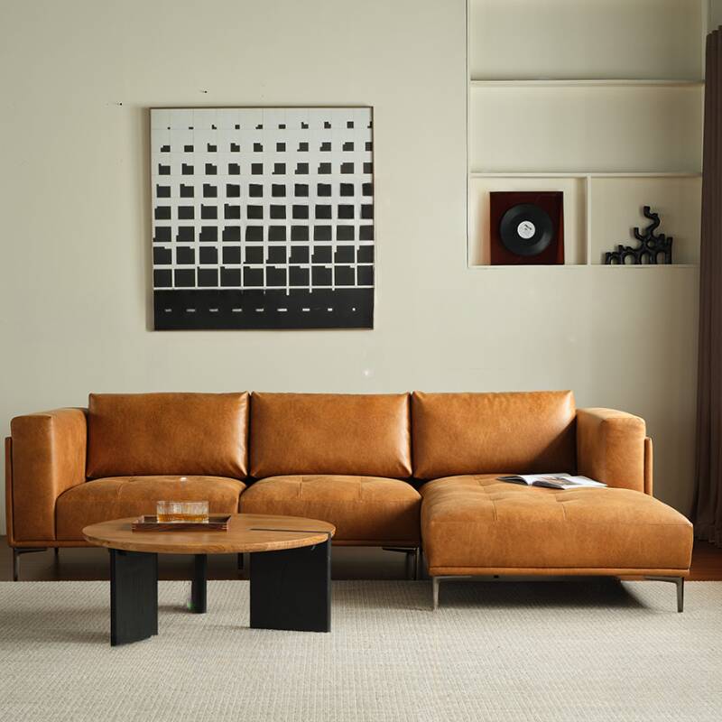 L-Shape Sofa Chaise in Amber Colour, Right Hand Facing Orientation with Button-tufted Design