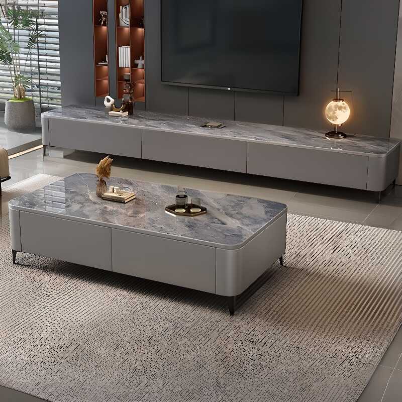 Simplistic Stone Rectangular TV Stand for Sitting Room with 3 Drawers