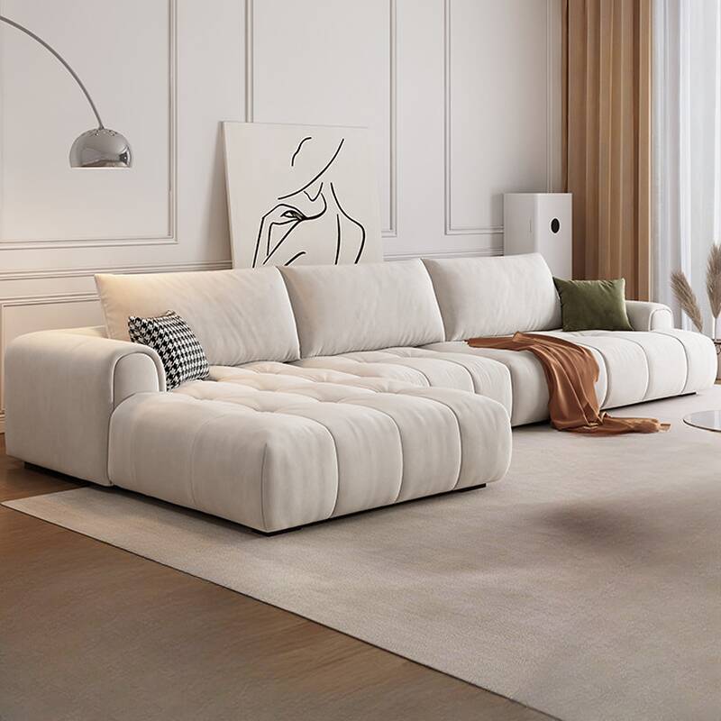 L-Shape Sofa Chaise with Natural Wood, Left Orientation, and Concealed Support