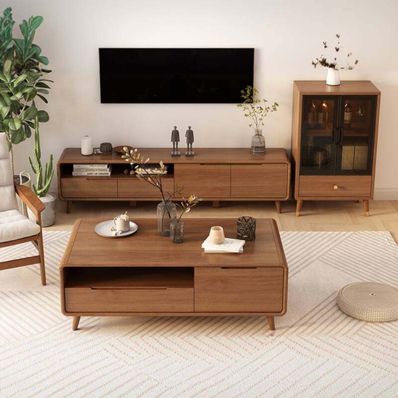 Vintage Lumber Parallelogram Accent Table for Living Room with 2 Drawers and 2 Cabinets