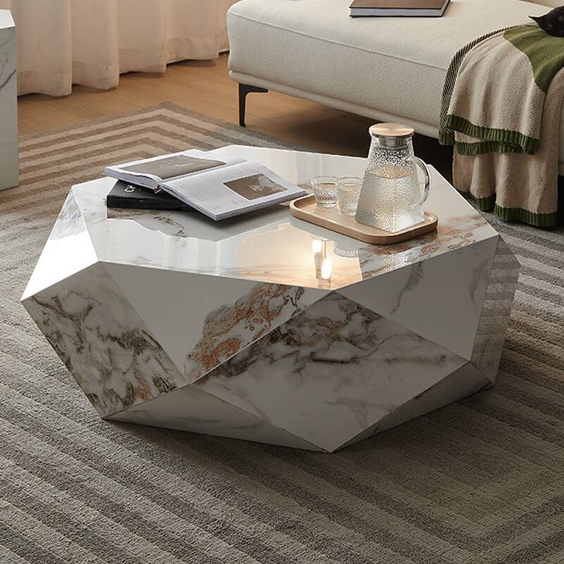 Eclectic Stone Chalk Hexagon Single Board Game Coffee Table with Abstract Base