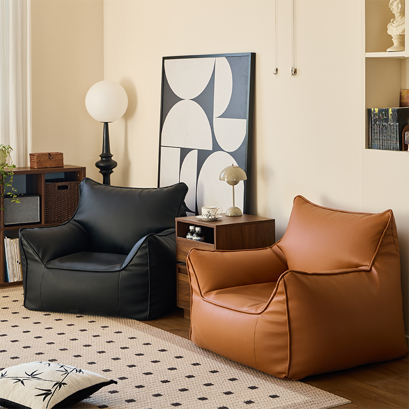 Seats 1 Auburn/White/Midnight Black Artificial Leather Pre-Filled Beanbag Chair, Bean Bag Chair with Armrest, Fill Included