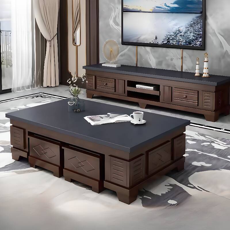 Classic Coffee Table with Rectangular Shape, 2 Drawers and Included Stools